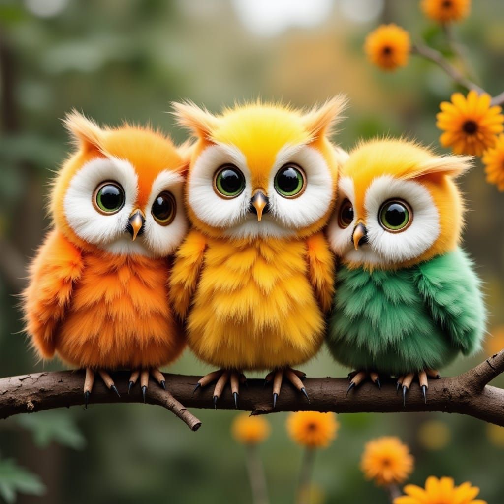 3 cute colorful fluffy owls sitting on a branch. <lora:Tawny Flux:1.0> 