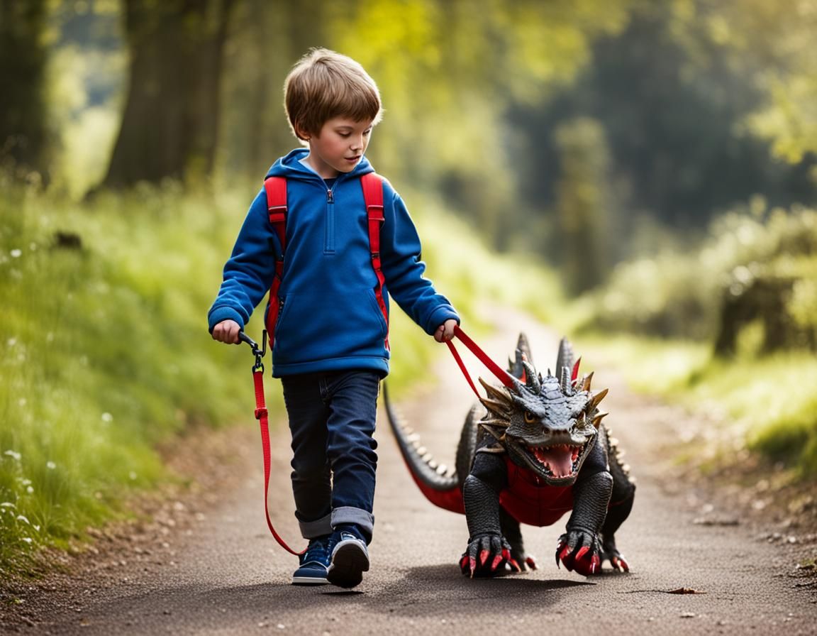Boy walking his pet welsh dragon  on a lead  by @Fun Guy