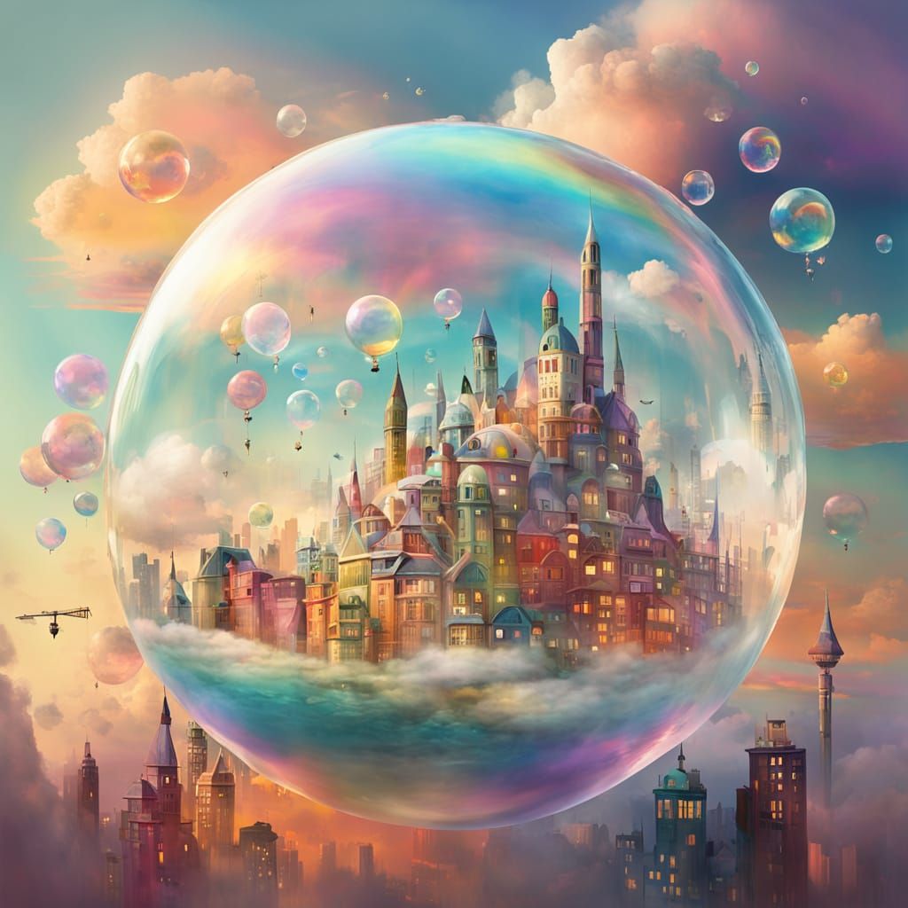a surreal floating city encapsulated inside a giant transparent bubble,   by @rezz