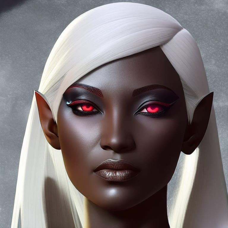 beautiful, drow elf, woman, dark skin, red eyes, white hair, elf ears ...