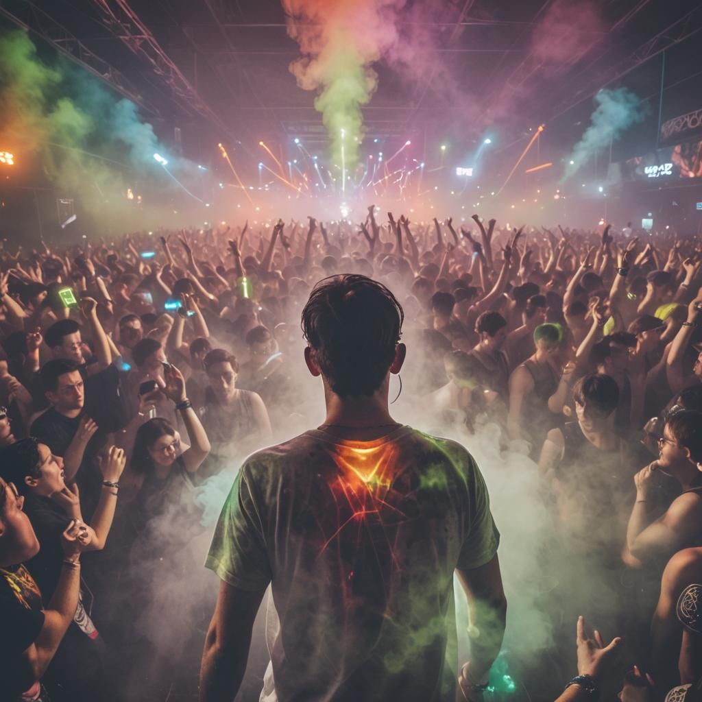 Rave, EDM, Techno, Neon, lasers, polychromatic light show, smoke, fog, mist, crowds, MDMA + LSD