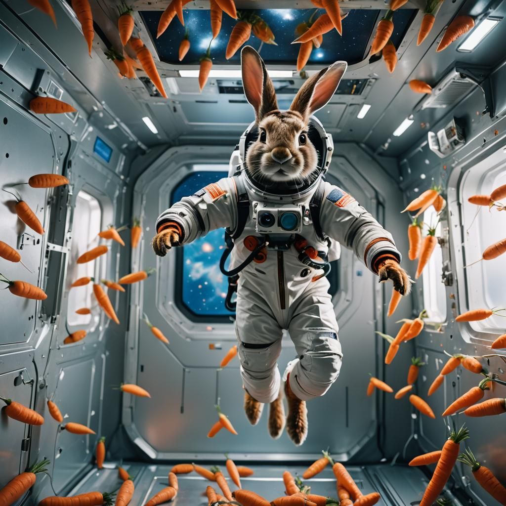 Rabbit in a spacesuit, floating in a zero-gravity room filled with ...