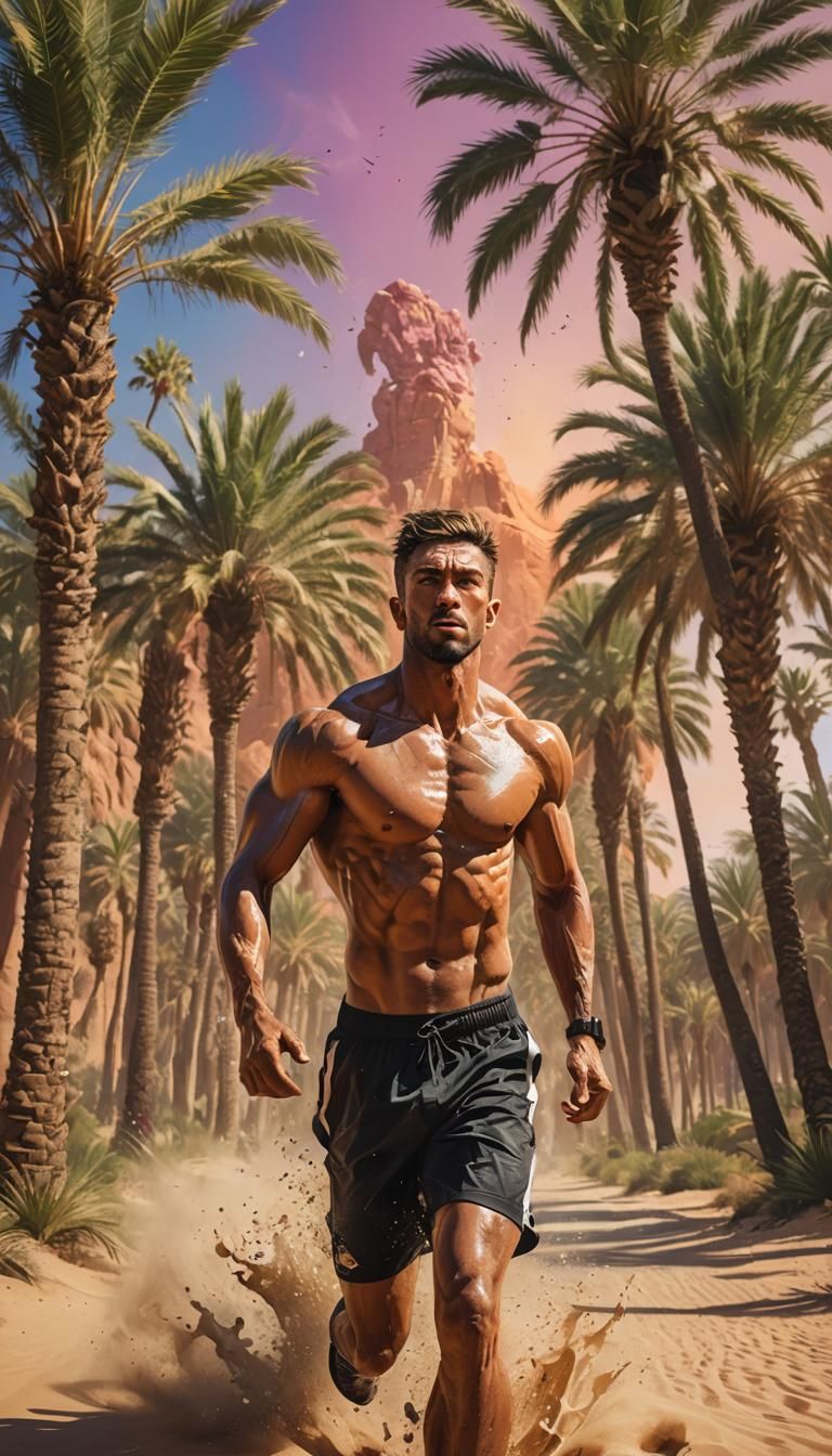 beautiful oasis, desert, palm trees, man, muscular, running