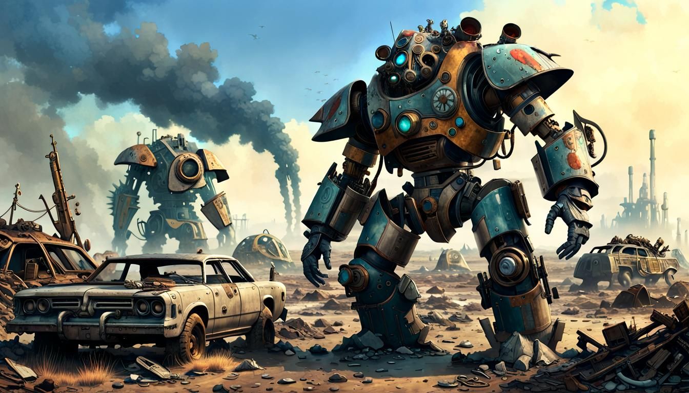 Vapor smoke fallout survivor in patchwork mechanical armor i...