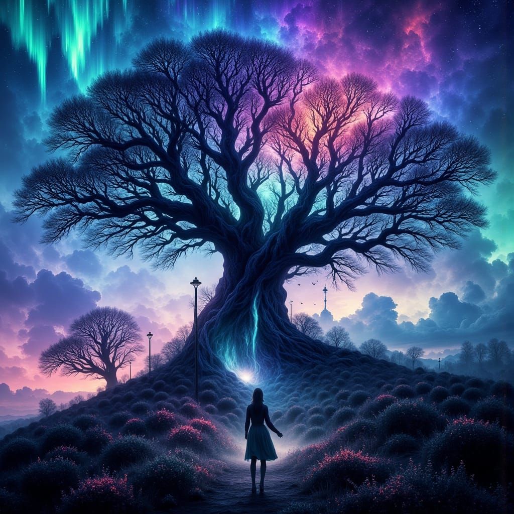 <lora:Abstract Reality:1.0> A majestic, gnarled ancient oak forest, twisted branches silhouetted against a surreal aurora borealis, atop a w...