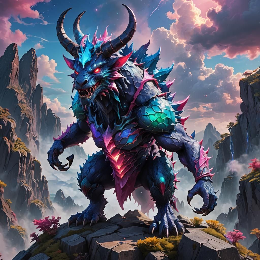 Poisonous horned fantasy monster, Pokémon monster, vibrant colours, bright lighting 