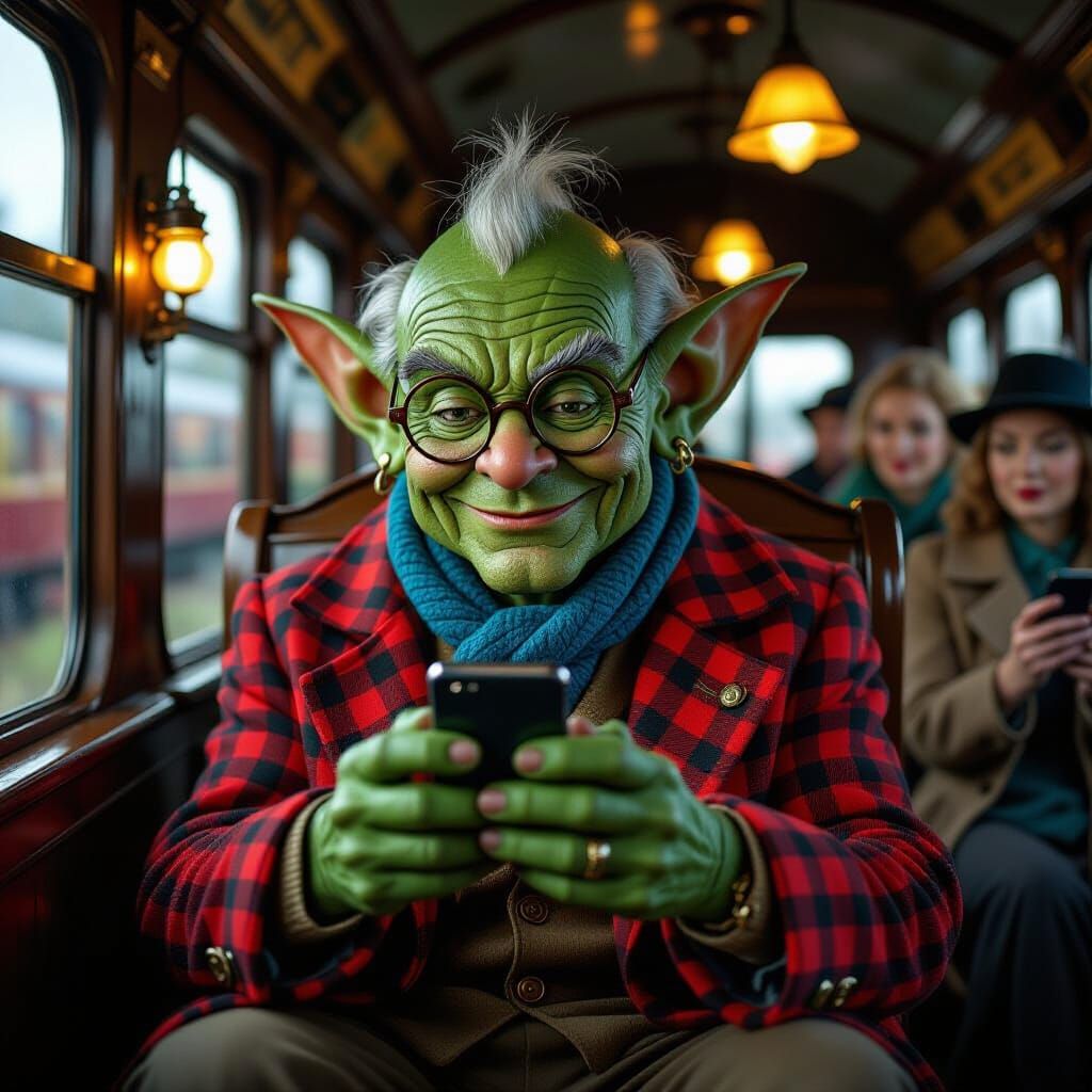 Goblin on Train Viewing Mobile Phone