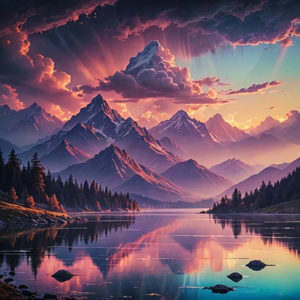 Serene Lake Landscape with Dramatic Sunlight