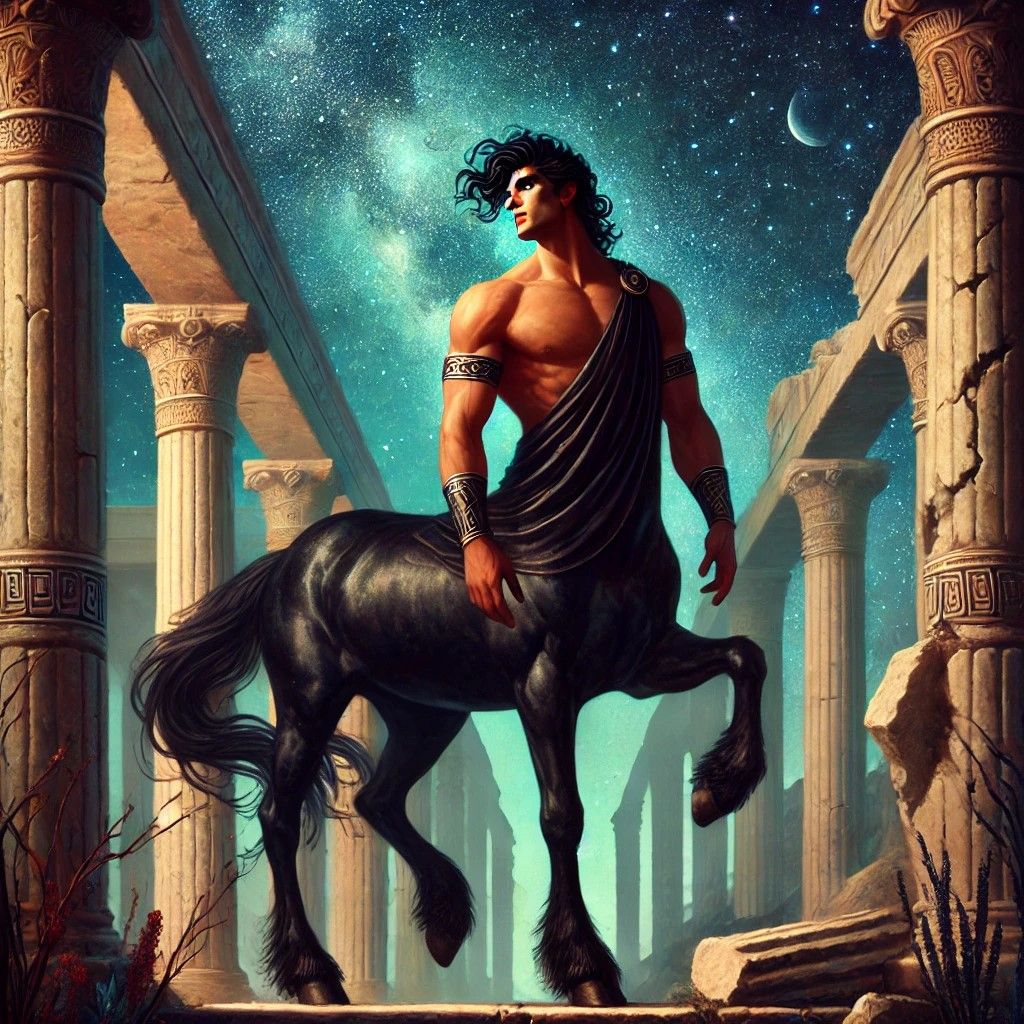 centaur standing in ancient ruins reminiscent of the Greek architecture