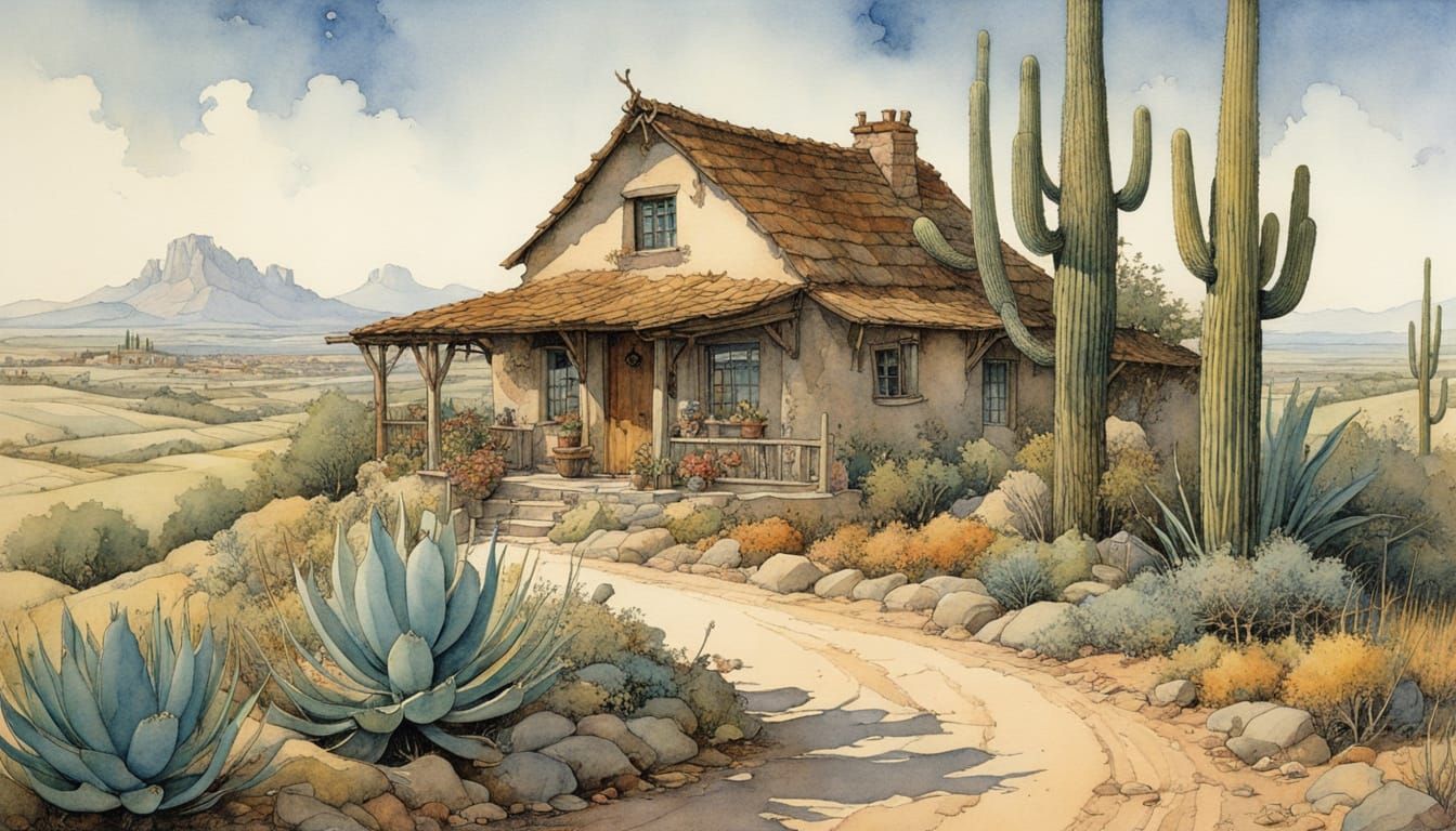 Arizona Night Scene in Storybook Illustration Style
