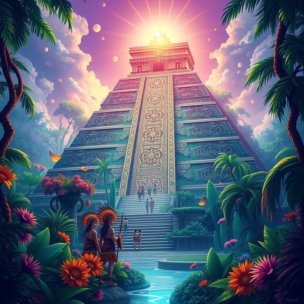Ethereal Mayan-Aztec Pyramid in Vibrant Jungle - AI Art
