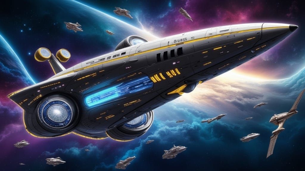 <lora:Advance Tech Ships:1.0> A stunningly detailed sci-fi portrait of a massive futuristic starship, in the style of Todd McFarlane, Norman...