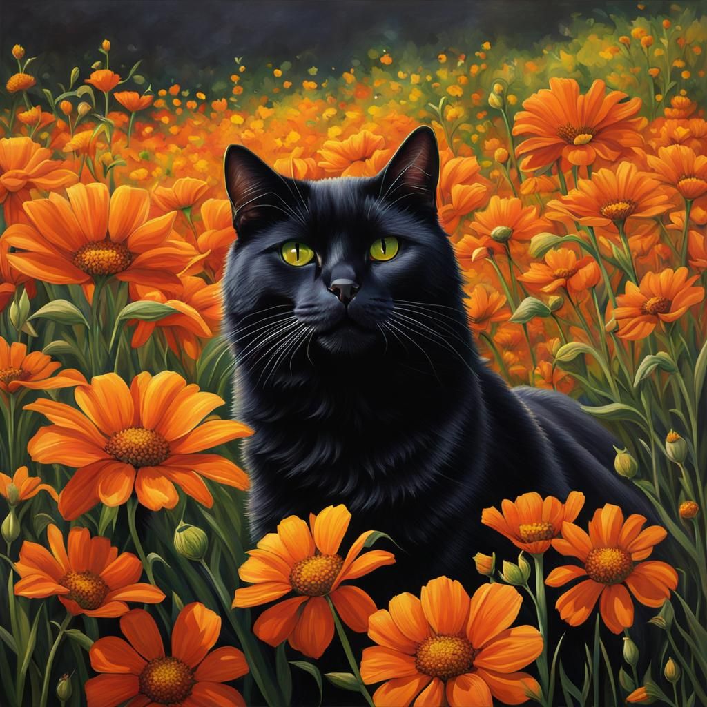Hyperrealistic Black Cat in Flower Field