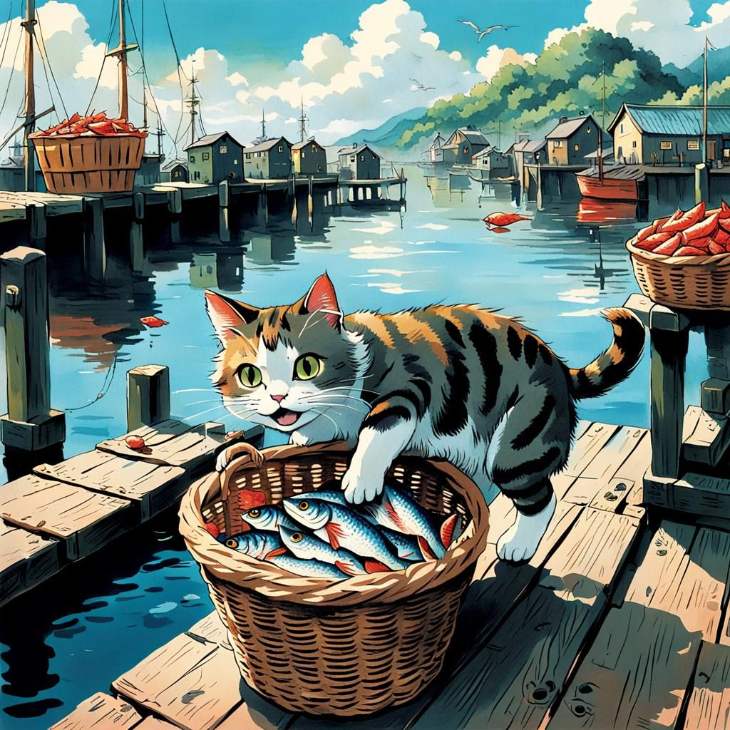 Anime cat following a whiff from a basket of freshly catch of fish on the docks, Studio Ghibli storybook ...  by @MarthaIG