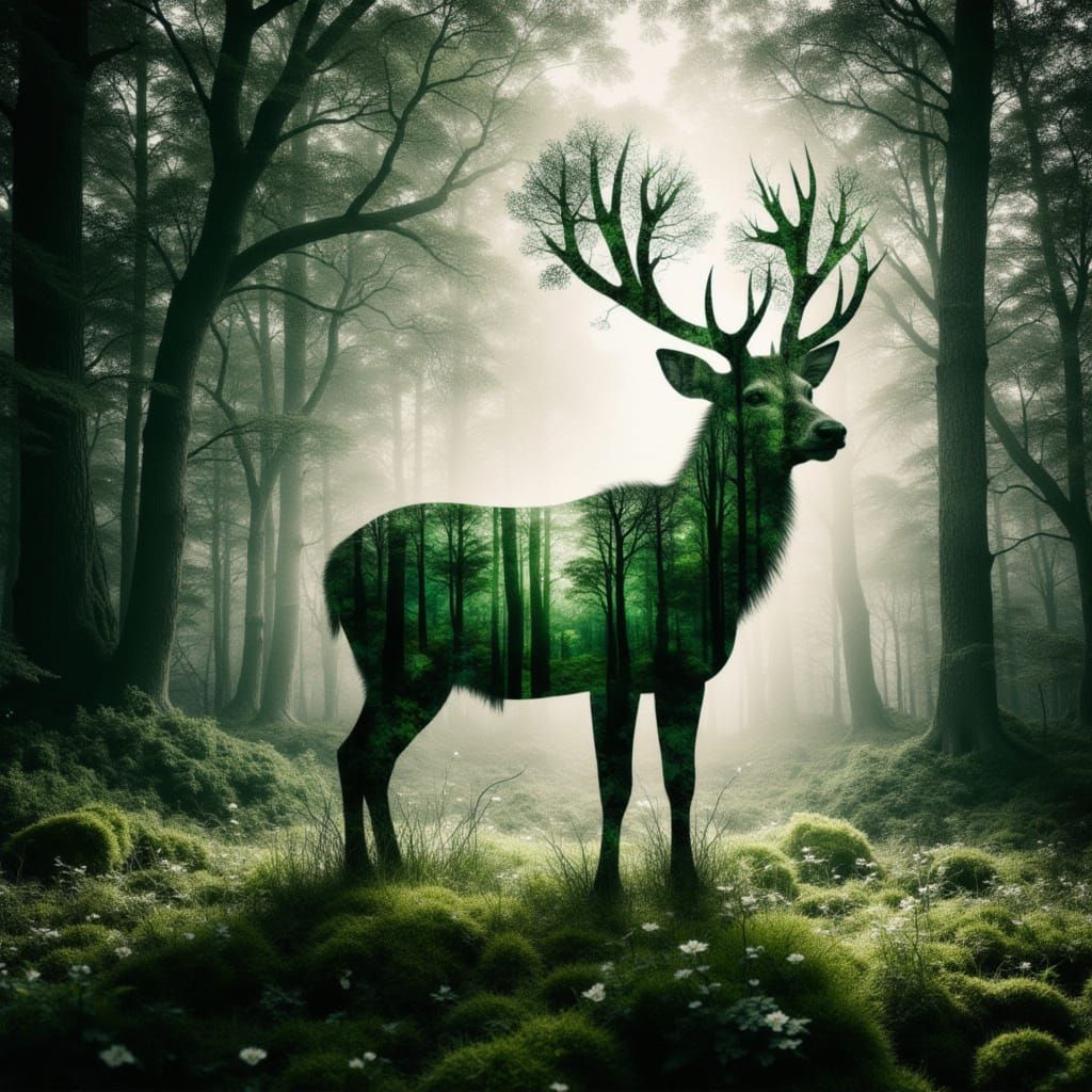 <lora:Forest Texture:1.0> Stag  double exposure with forest texture