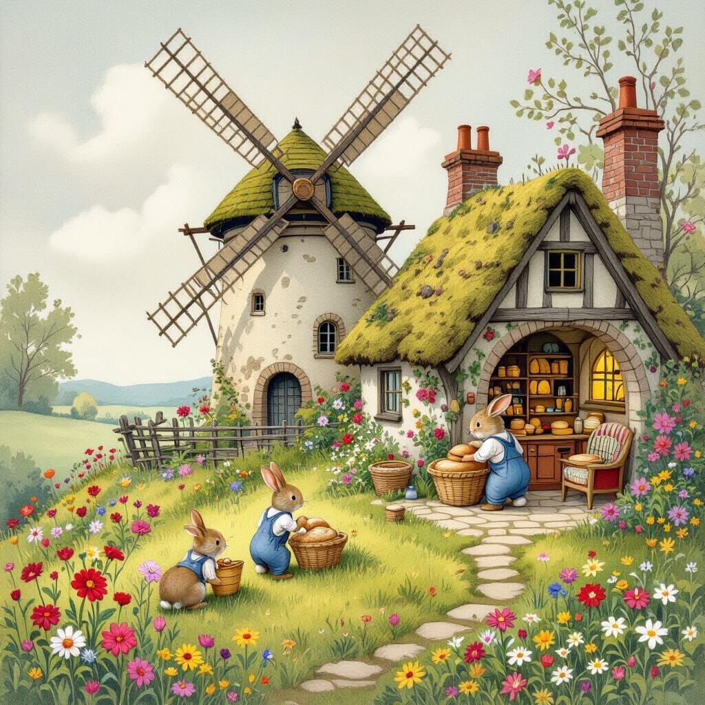 A quaint, moss-covered windmill nestled atop a grassy knoll, with colorful flowers blooming around its ...  by @aliimren