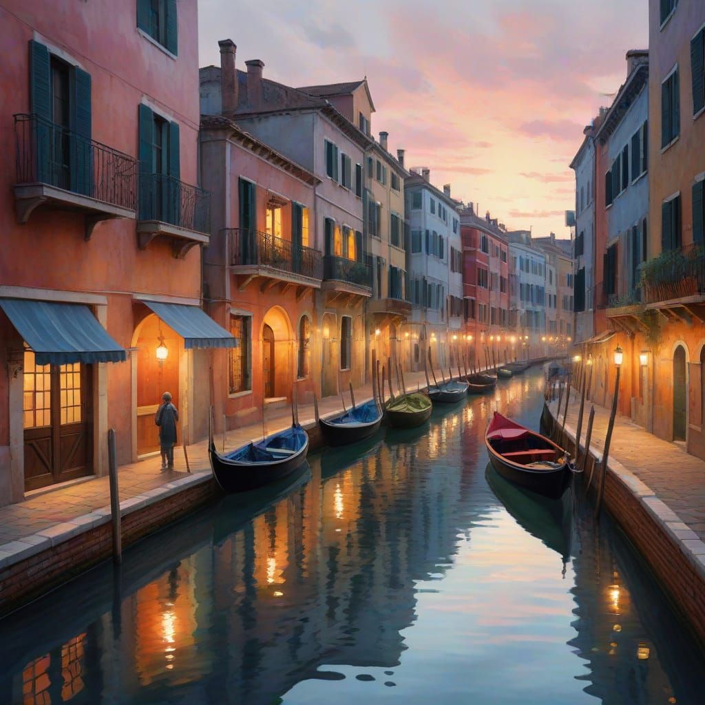 Venetian Canal at Twilight in Neo-Impressionist Style
