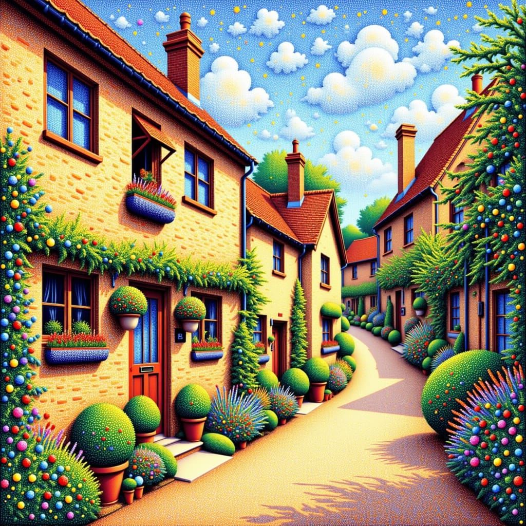 <lora:Pointillism 1-01:1.0> Pointillism painting of English village street