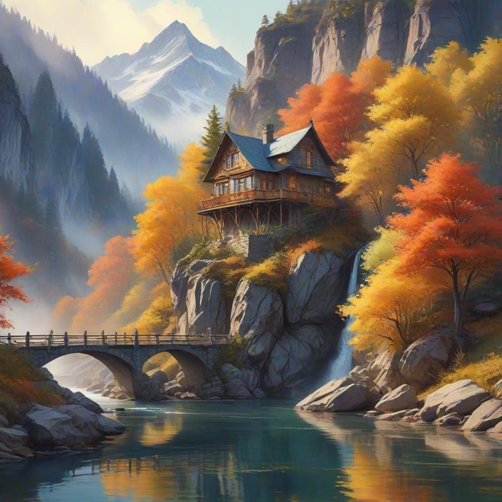 Surrealistic Paradise with Infinite Waterfall and Majestic M...