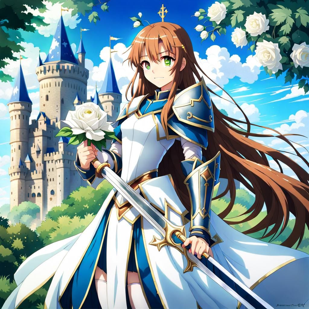 Full body female knight in perfect figure with long brown ha...