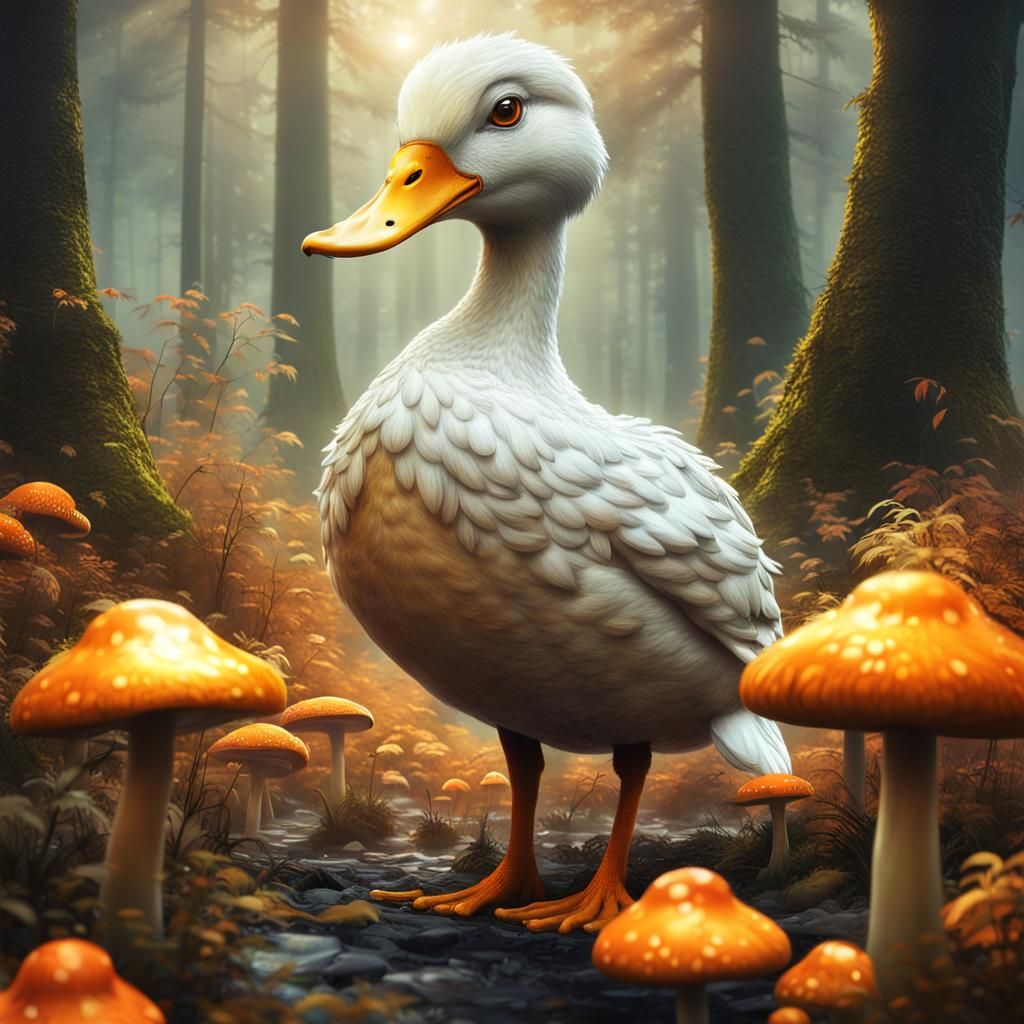 Duck in mushroom forest 