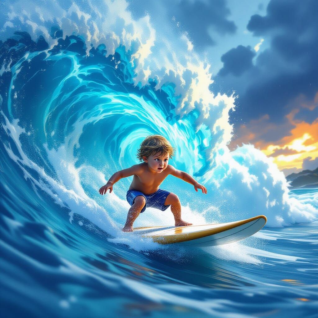 Toddler Surfs Giant Tsunami Wave in Concept Art Style