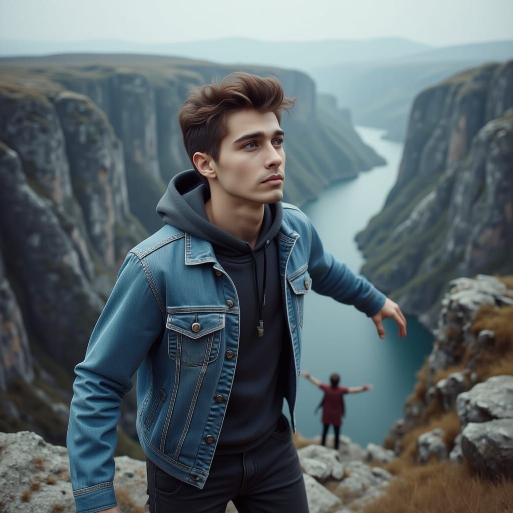 Boy on Cliff Edge with Beckoning Figure Below