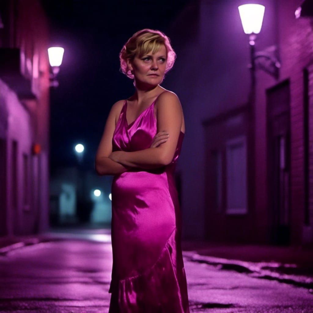 Moonlight street with alluring woman(<lora:LJ:1.0>) in a tight pink satin dress