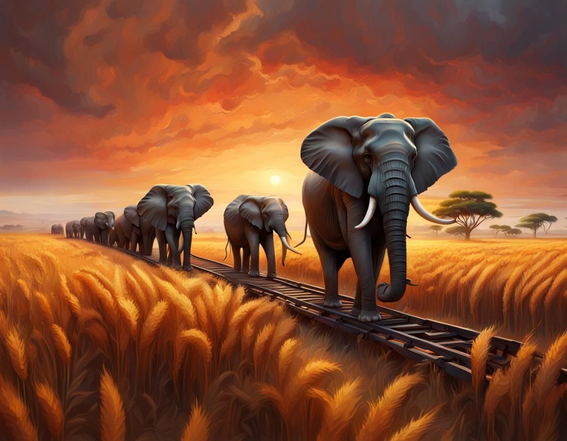 A herd of elephants follow a disused railway line in Africa - AI