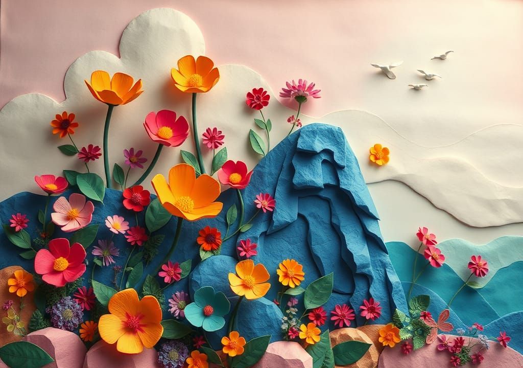 A striking paper-mâché collage depicting a surreal landscape...