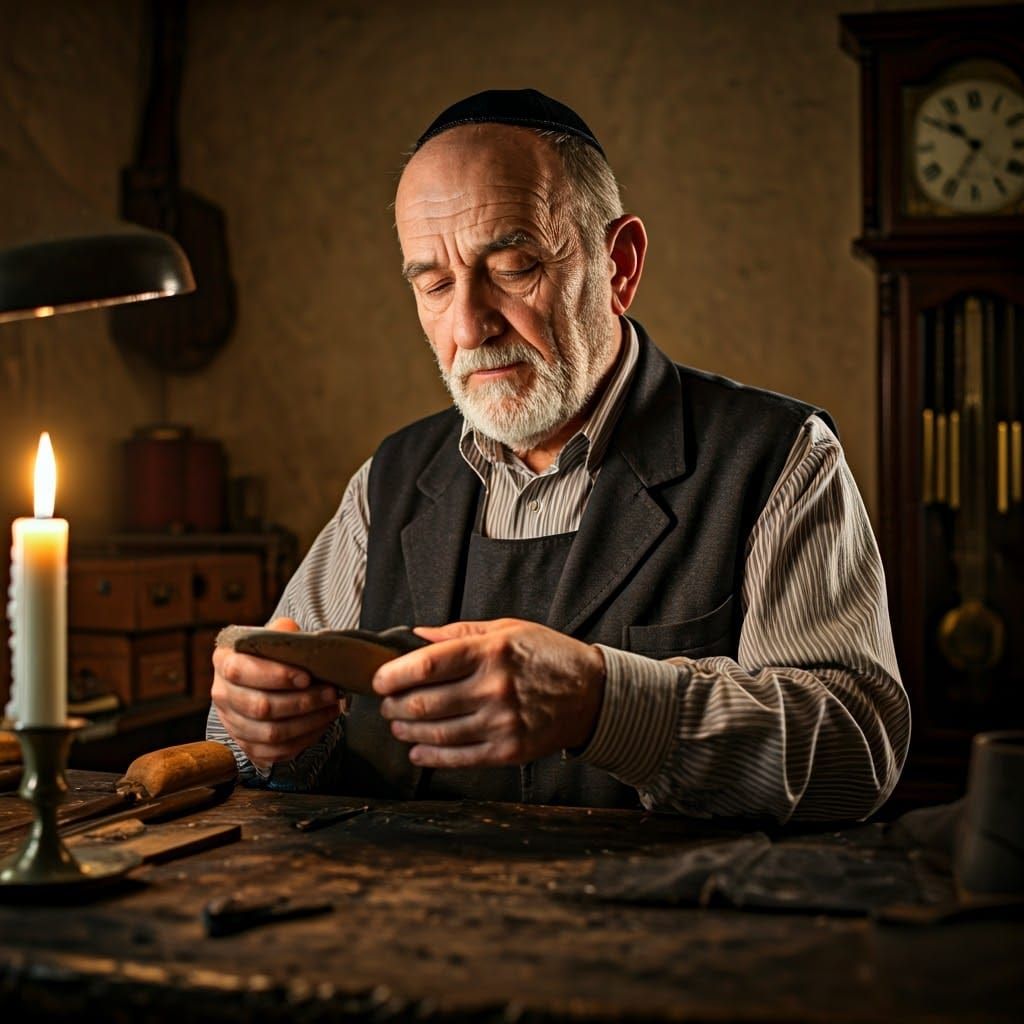 Elderly Jewish Cobbler in Warm Candlelight