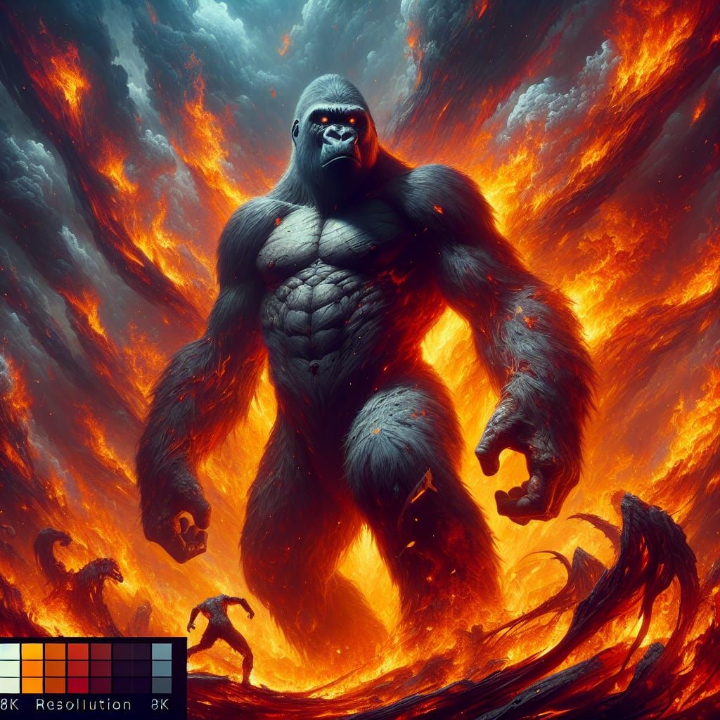 GORILLA WITH FIRE IN THE BACKGROUND