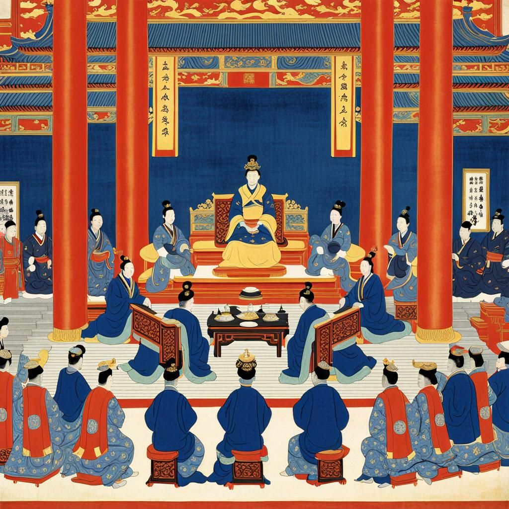Wu Zetian Presides Over Court in Expressionist Oil Painting