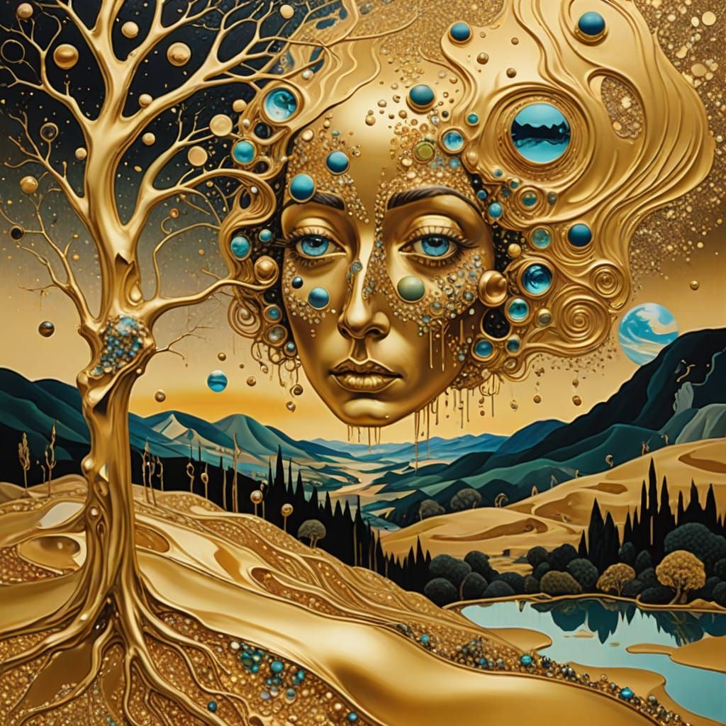 Surrealism emerging from Gustav Klimt artwork futuristic landscape, golden glitter glitch   by @The_Eagle