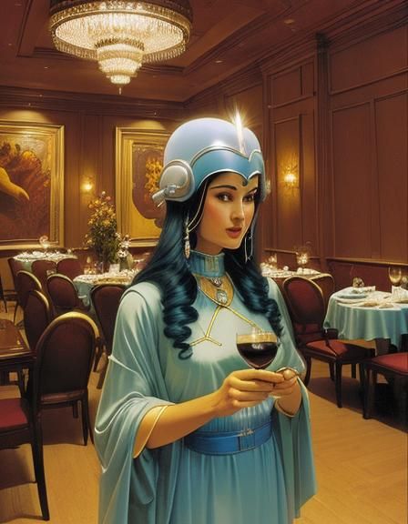Two aliens on a date in a fancy restaurant.