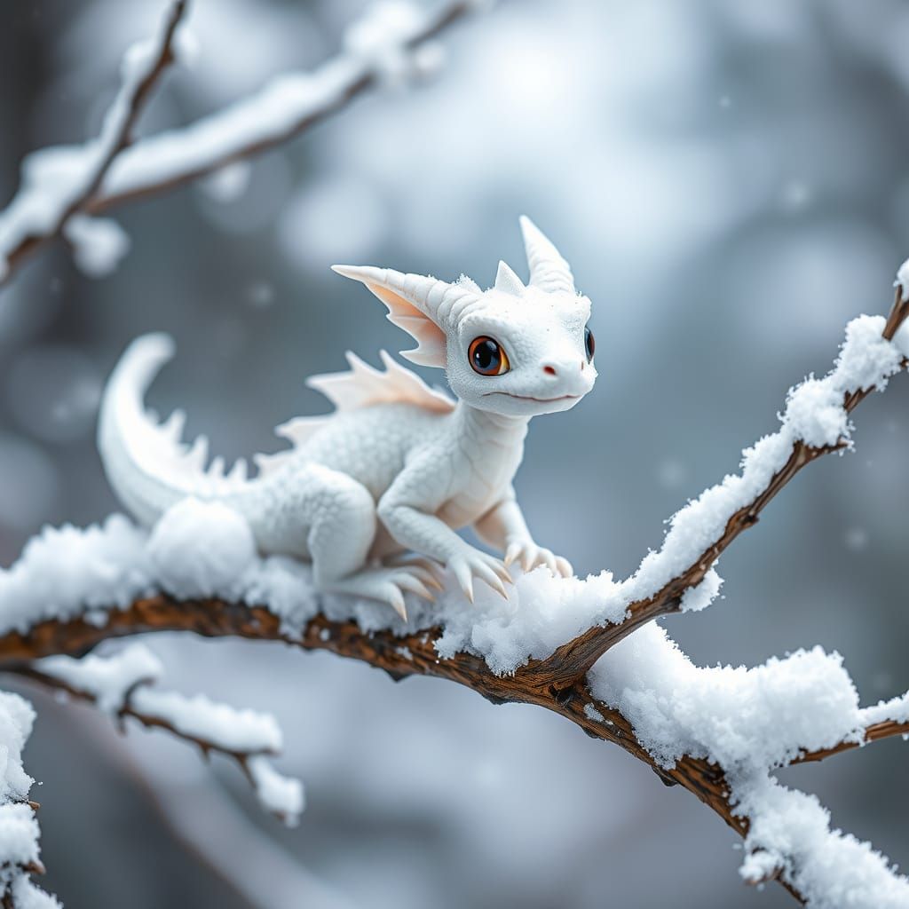 A little white dragon sitting on a branch covered in snow  by @Desa_The_Night_Queen