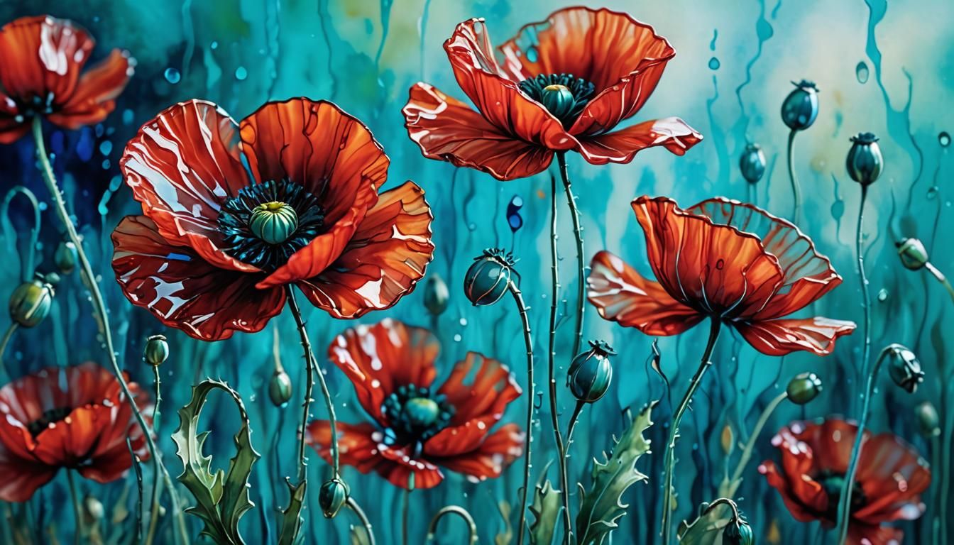 🌹🎨🖼️ Alcohol ink and glass effect painting: vibrant red poppies in full bloom  by @Patrick Francart