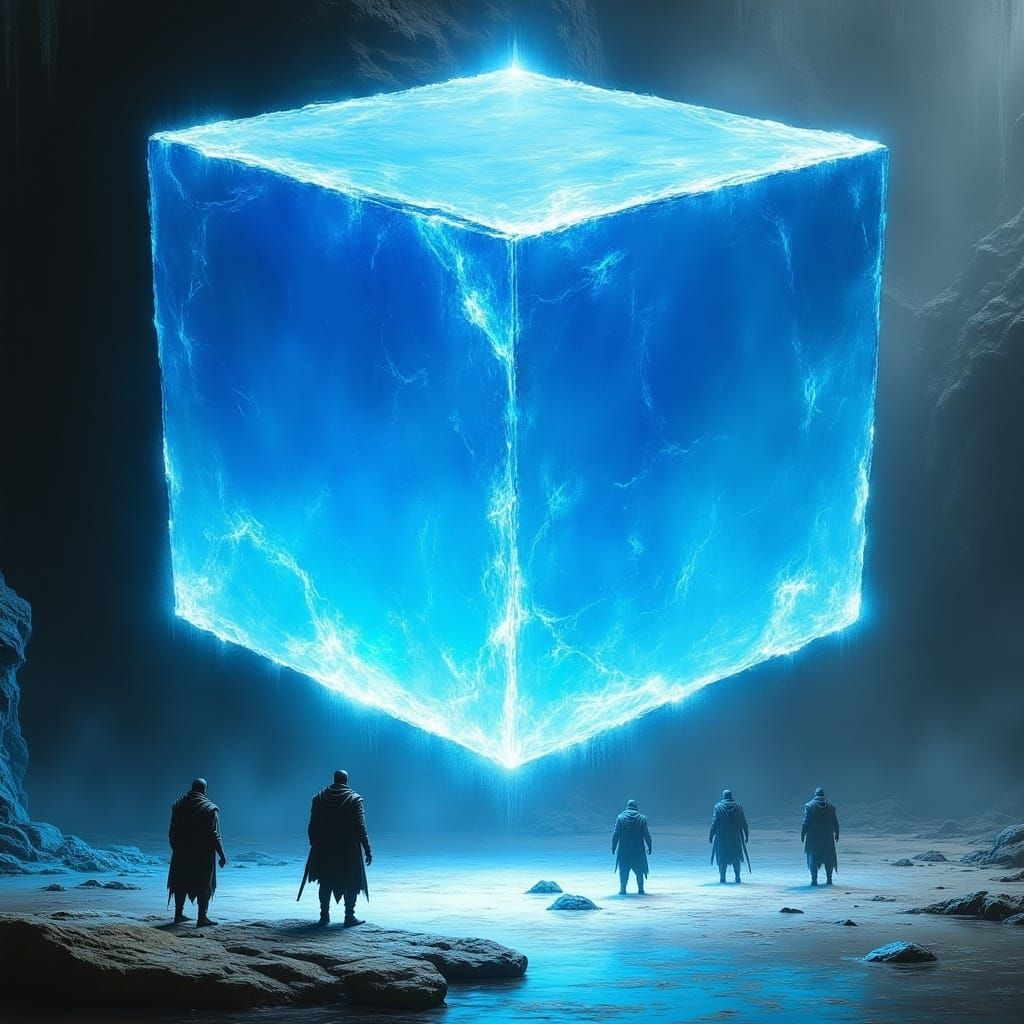 <lora:MJ6-1 DreamForge:1.0> A massive blue crystal cube floating in the air, with mysterious figures standing around it, set against an unde...