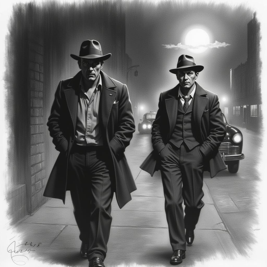 <lora:1930s noir:1.0> Hyperrealistic portrait of a man named Jonas in his thirties with a weathered face that is clean shaven and wearing a ...