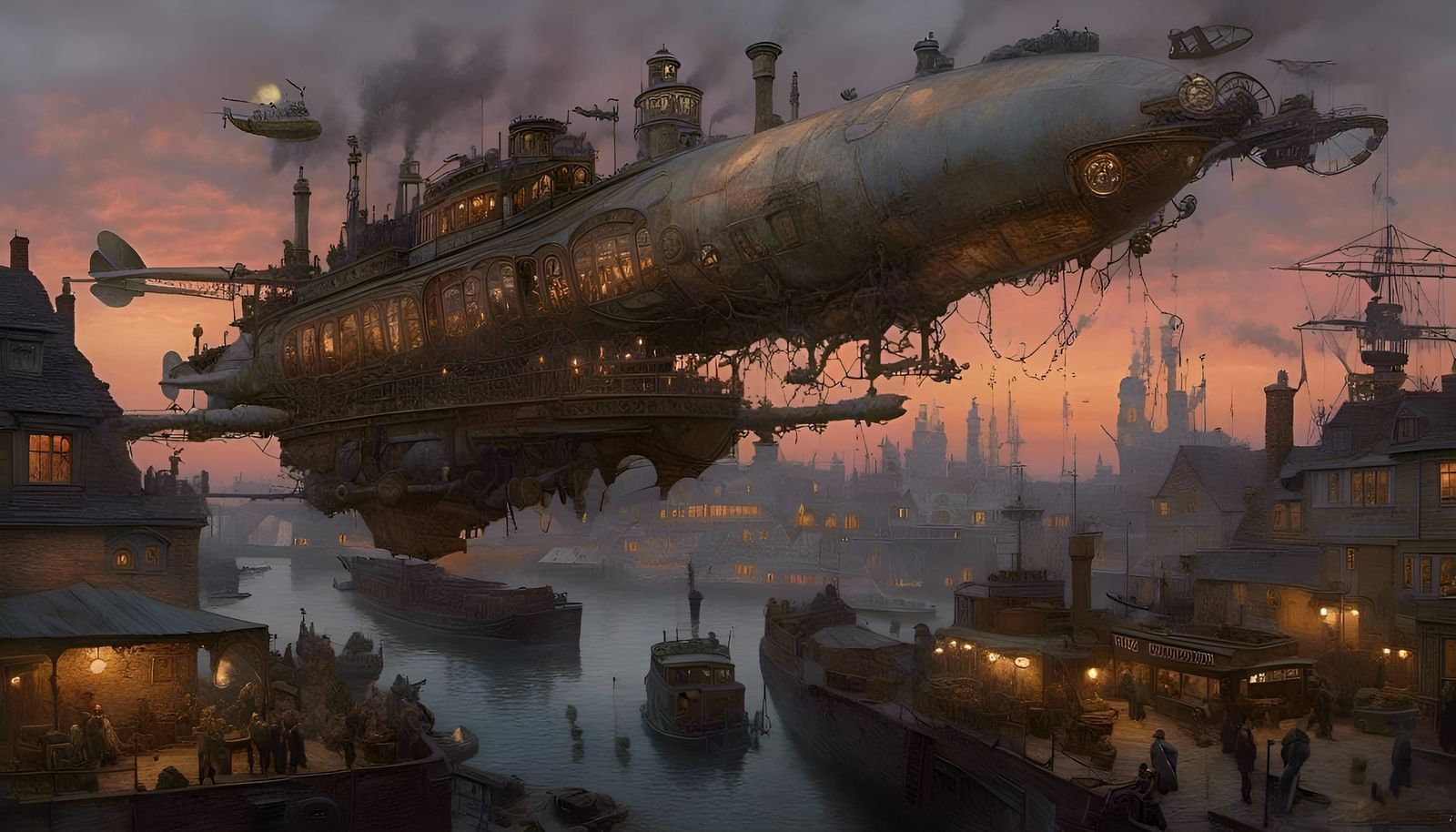 Airship Over Old-Town Harbour - AI Generated Artwork - NightCafe Creator