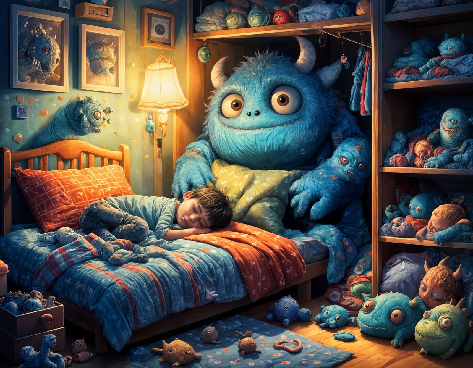 A kind monster in the closet takes care of the sleeping boy