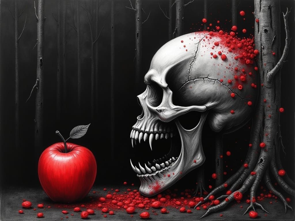 demon, apple, skull, forest, Charcoal, ink, grey and red , in the style of a really edgy artist. black background, grey shading (Lomographic...