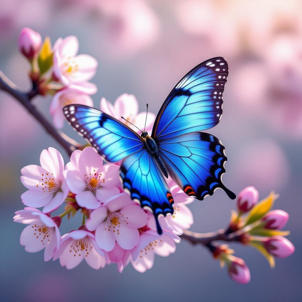 Iridescent Butterfly on Cherry Blossom Branch