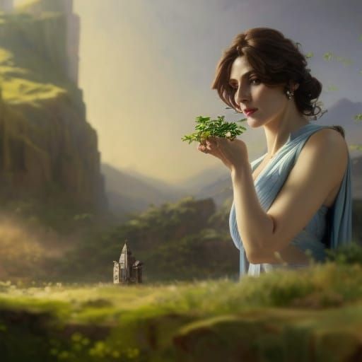 Greek goddess planting trees in village