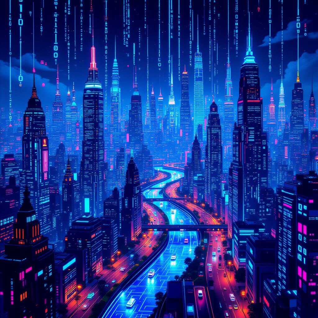 A sprawling cityscape where every building, street, and vehicle is constructed from intricate, glowing lines of code and holographic symbols...
