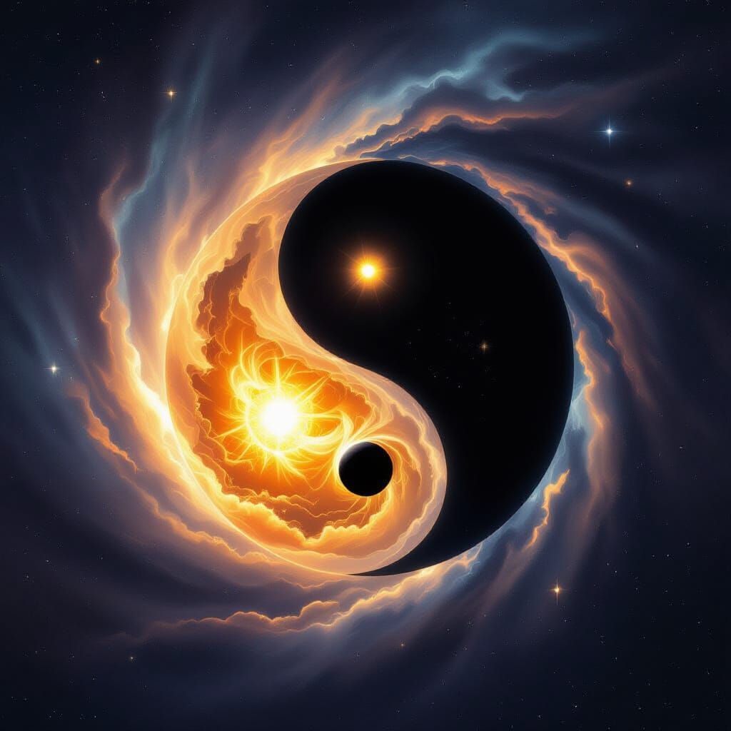 The star galaxy is twisted in the shape of a Yin-Yang sign. In the light half, instead of a dark circle, there is a black hole, and in the d...