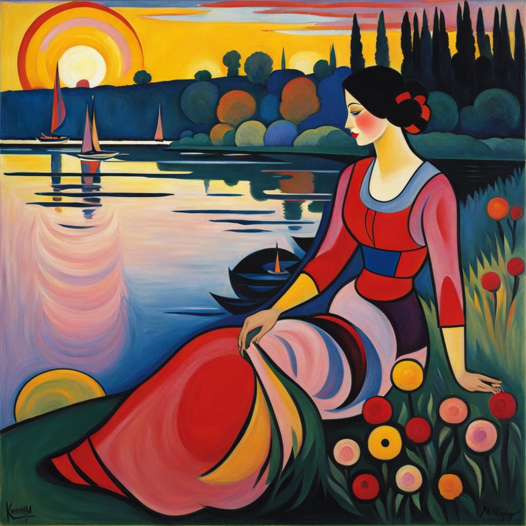 A beautiful woman at the riverbank at sunrise by Kandinsky