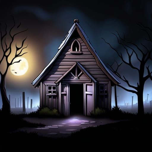 Cursed old shack in on spooky graveyard at night ;; Creepy g...