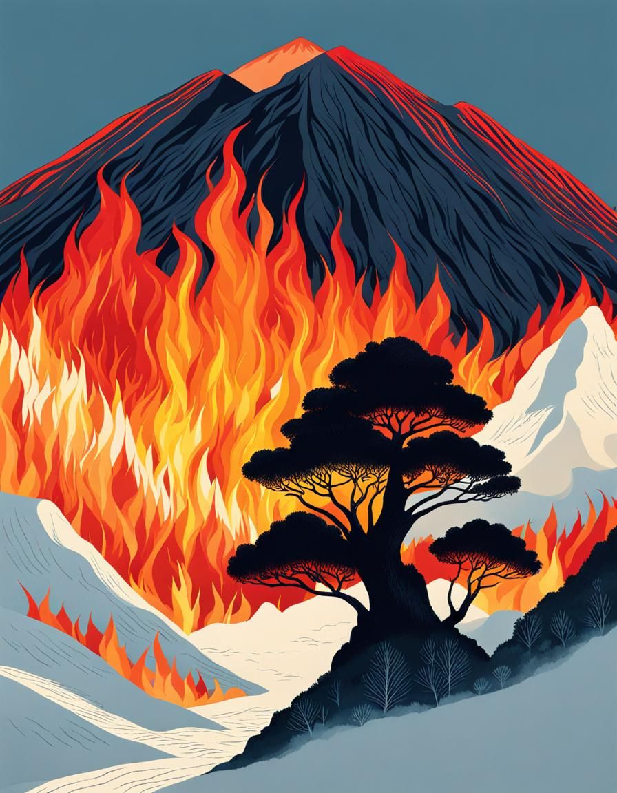 A forested mountain on fire