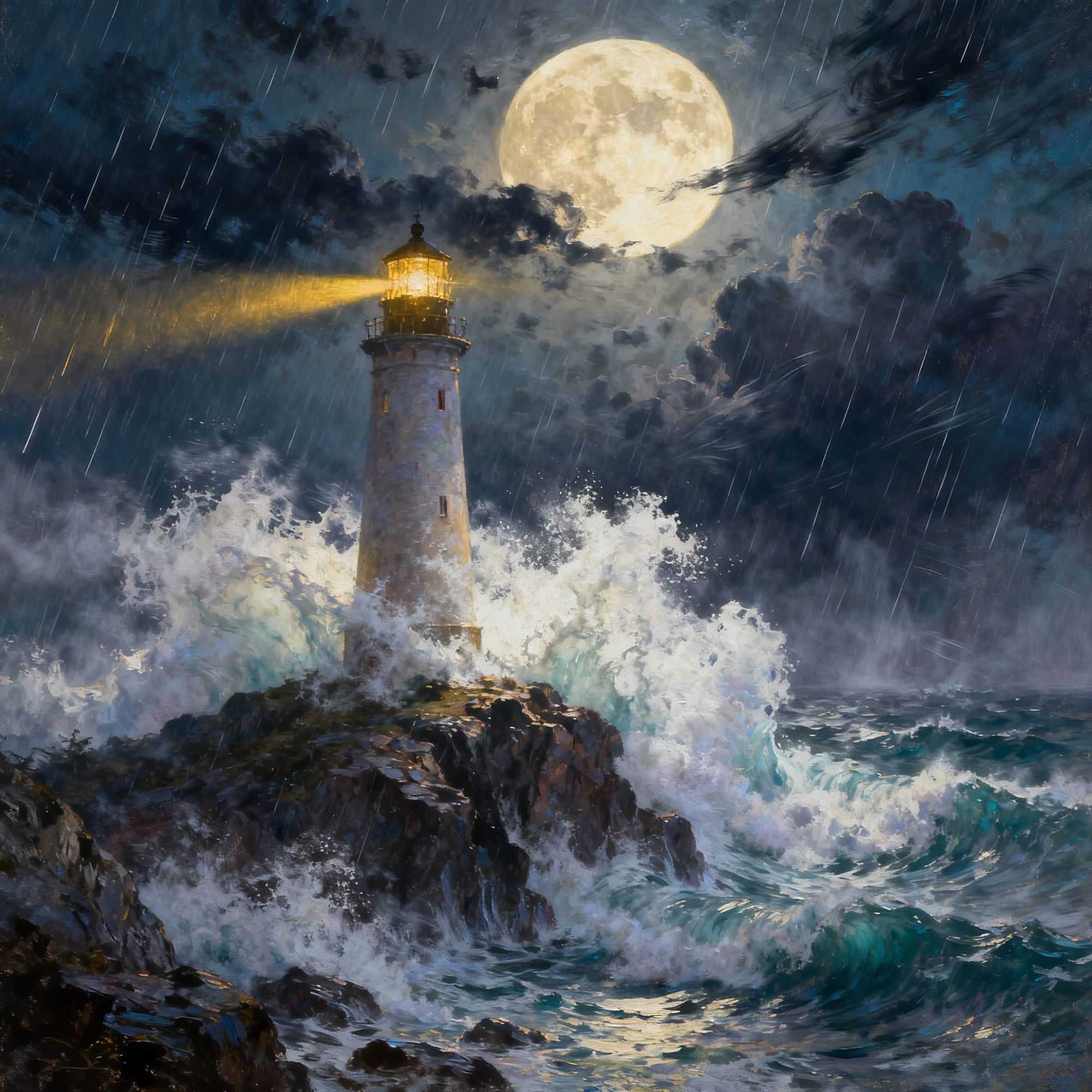 
A towering lighthouse standing alone on a rocky cliff during a violent night storm. Enormous waves crash against its base, sending explosio...